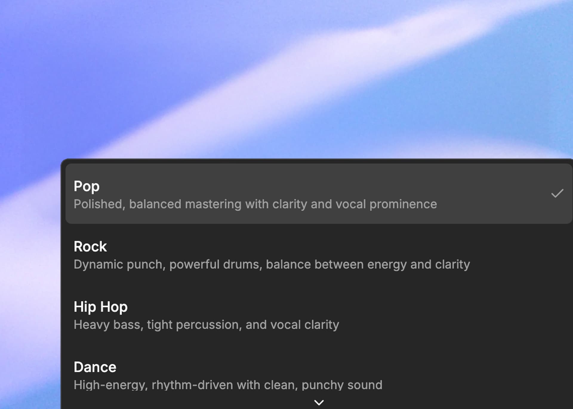 Genre selection interface showing Hip-Hop, EDM, Pop, Rock, Jazz, and Classical genre options