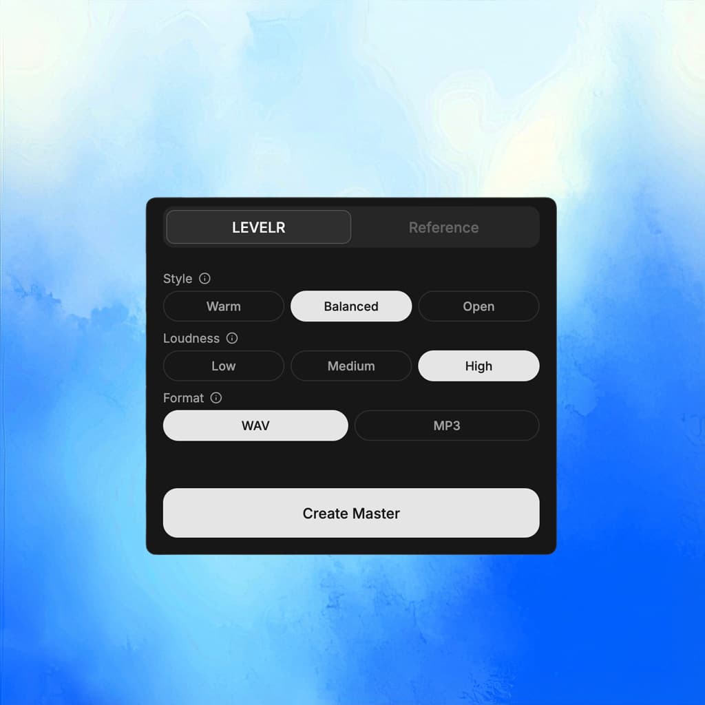 Preset selection interface with loudness options and reference track upload